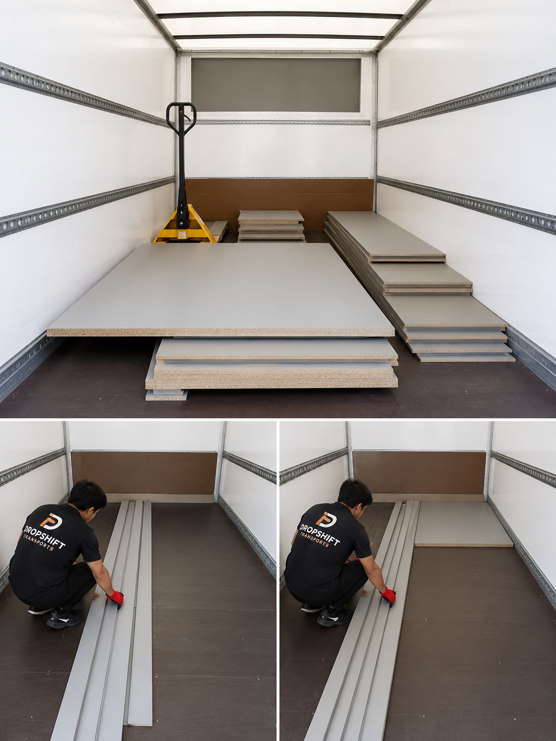 Mover carrying boxes through a hallway during a house move